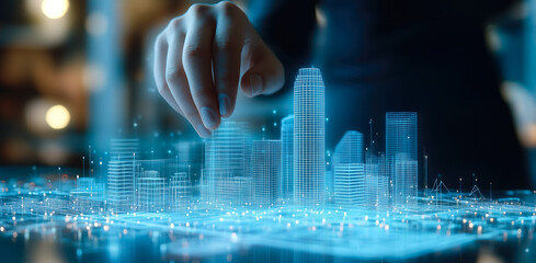 An architect brings architectural designs to life with 3D holographic construction models. Generative AI.