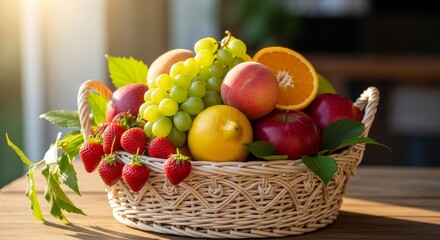 A woven basket holds a colorful mix of fruit strawberries grapes peaches an orange apples and a lemon set on a wooden surface