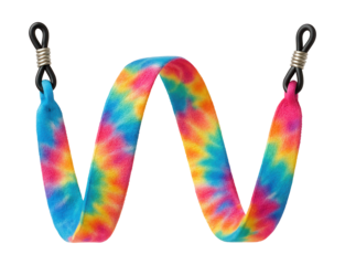 Colorful tie-dye eyewear strap for a lively festival vibe.