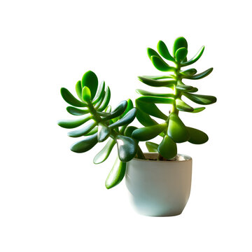 Vibrant and Healthy Gollum Jade Succulent (Crassula Ovata) Houseplant with Thick, Tubular Green Leaves in a Minimalist White Ceramic Pot, Beautifully Lit for Concepts of Indoor Gardening, Home Decor, 