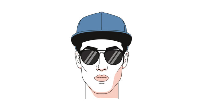 Cool cartoon man with blue baseball cap and sunglasses on a white background vector illustration