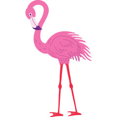 Pixelated Pink Flamingo Standing on Long Red Legs with a Purple Band on its Neck Against a White Background