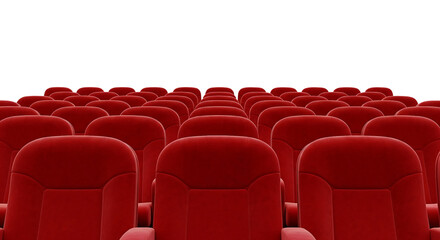 Obraz premium Rows of empty red velvet theater seats isolated on transparent background