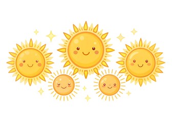 Cute cartoon sun characters with happy faces and radiating light on a white background