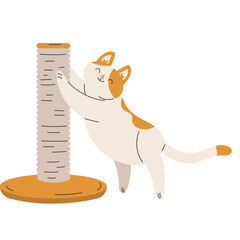 Playful Orange And White Cat Scratching A Tall Sisal Post With A Circular Base In A Simple Flat Design Style Against A White Background
