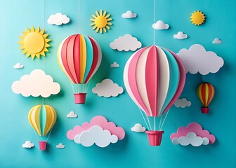Whimsical papercraft hot air balloons and clouds float across a vibrant blue sky with paper suns