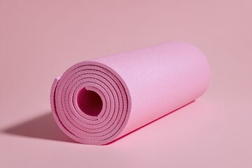 Obraz premium Pink rolled yoga mat standing on pastel pink surface