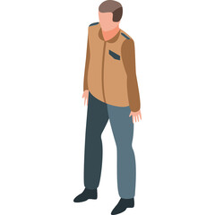 Pixelated Isometric Man Standing Wearing Brown Jacket and Blue Pants Isolated on White Background Studio Portrait