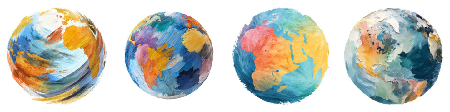 Colorful artistic globes illustrating diverse continents on transparent background