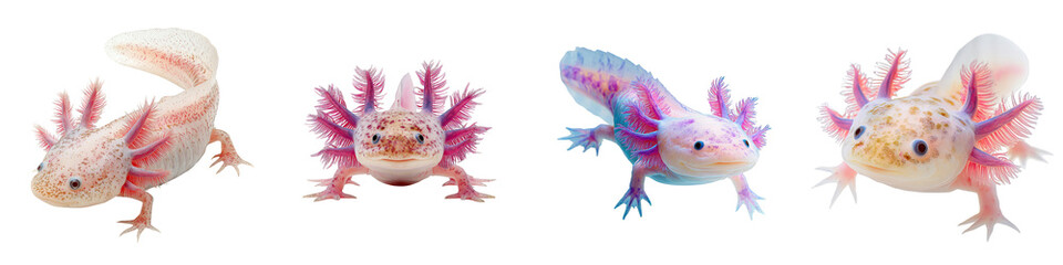 Colorful axolotl aquatic salamanders swimming together on transparent background
