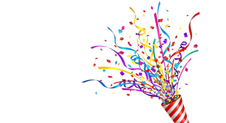 Explosion of colorful confetti and streamers from a party popper isolated on transparent background
