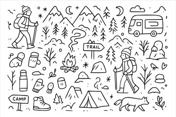 Hand-drawn doodle vector collection of winter travel and hiking elements, illustrated in a playful sketch style, isolated on white background  
