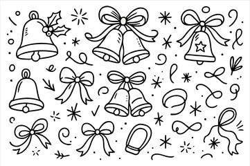 Hand-drawn doodle vector set featuring charming Christmas bells and decorative ribbons, isolated on white background  
