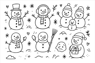 Hand-drawn doodle vector set of adorable snowman characters, designed in a playful ink-pen doodle style, isolated on white background  
