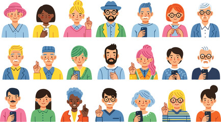 Collection of diverse people using smartphones, expressing opinions or sharing information