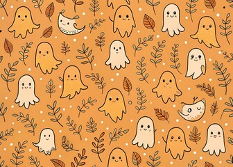 Cute halloween ghost pattern with autumn leaves and small lights on an orange background