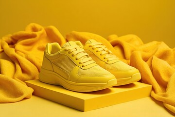 Yellow sneakers on fabric surface with monochrome background