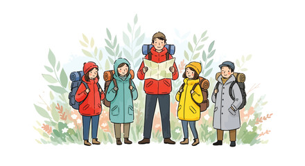Family with kids hiking in winter, hand drawn vector illustration