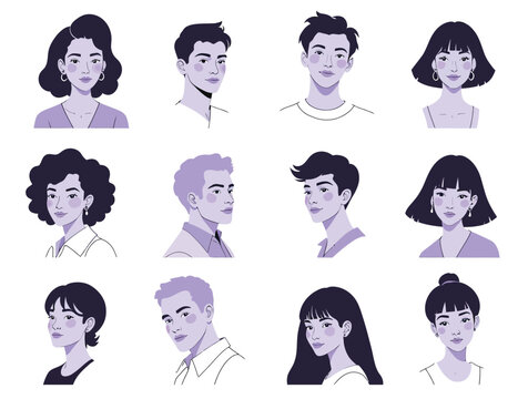 Vector illustration of set of diverse people portraits with varied hairstyles and facial features, rendered in a clean line art and flat color style
