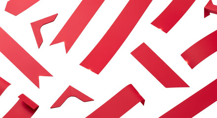 Scattered red ribbons and tags on a transparent background