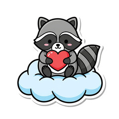 Adorable raccoon sitting on a cloud holding a heart isolated on white background