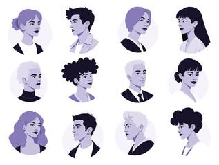 Vector illustration of assortment of diverse people avatars, men and women with distinct hairstyles and expressions