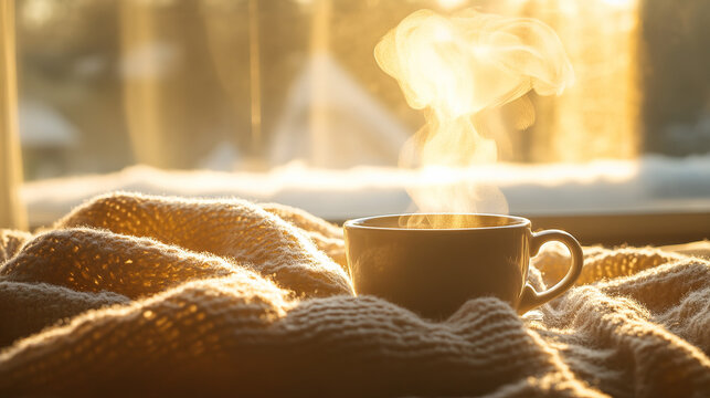 Gentle sunlight filters through frosty windows, illuminating a cup of steaming coffee and a cozy wool blanket, evoking warmth in the cold morning