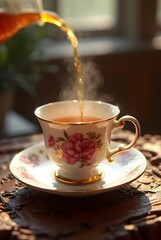 Golden tea streams into a beautiful floral teacup, releasing fragrant steam, vertical composition. Warm light illuminates the elegant gold rim and the dark carved wooden table.
