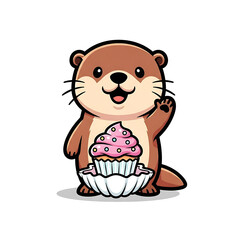 Cute otter holding a cupcake isolated on white background