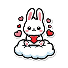 Cute bunny rabbit on a cloud holding a heart isolated on white background