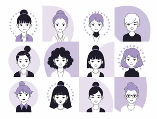 Vector illustration of set of diverse cartoon avatars with various hairstyles and ethnicities, presented in a grid layout