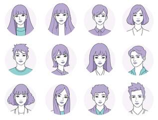 Vector illustration of set of circular profile portraits featuring diverse individuals with various hairstyles and simple line art style