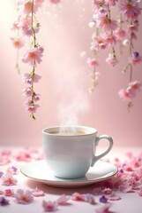 Fototapeta premium A steaming white teacup on a saucer is set against a soft, romantic pink backdrop, vertical composition. Delicate pink flowers gracefully cascade, with scattered petals enhancing the dreamy spring.
