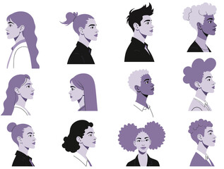 Vector illustration of a collection of diverse cartoon profile pictures of men and women in side profile and front view