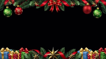 Festive Christmas frame animation with ornaments, gifts, balls and ribbons perfect for holiday greetings and seasonal marketing campaigns on transparent background - Powered by Adobe