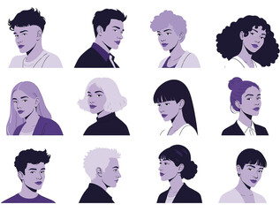 Vector illustration of set of stylized portraits of diverse individuals with unique hairstyles and expressions