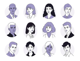 Vector illustration of collection of diverse people portraits in a simple, modern illustration style