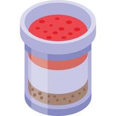 Isometric illustration of a red beverage in a cylindrical container with three distinct layers of liquid and solid elements against a transparent backdrop