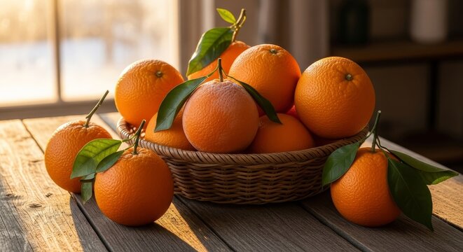 Oranges fill a basket on a weathered wood table near a window in bright light Leaves add color