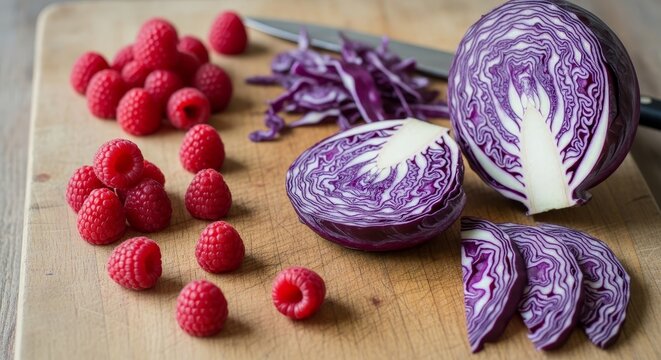 Raspberries  cut red cabbage on a wooden board with a knife visible