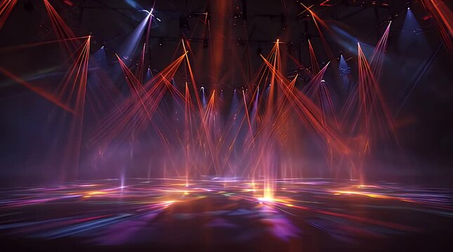 Energetic stage with multiple converging light beams in purple, orange, blue
