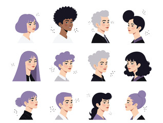 Vector illustration of diverse group of people portraits, men and women with various hairstyles and ethnicities