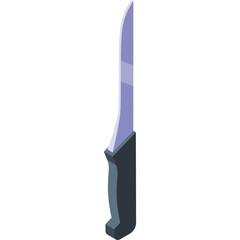 Isometric illustration of a sharp steel knife with a dark gray handle against a transparent background depicting a kitchen utensil for cutting and preparing food