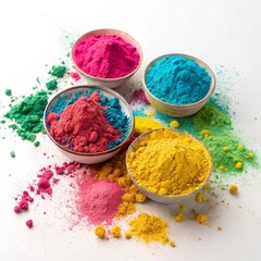 Colorful Holi powder in bowls with vibrant pigment on white background. Bright Holi powder with yellow, pink, blue and green pigment. Traditional Holi festival with colorful powder and pigment