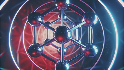 3D molecular structure with metallic spheres and glowing background. Abstract 3D molecule with connected atoms and futuristic design. Science and technology concept with molecular structure and metall