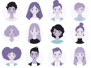 Vector illustration of collection of diverse people avatars in circular frames