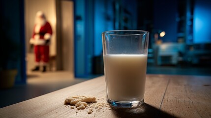 Glass of milk with cookie crumbs on wooden table, Santa Claus entering doorway, Christmas Eve night scene