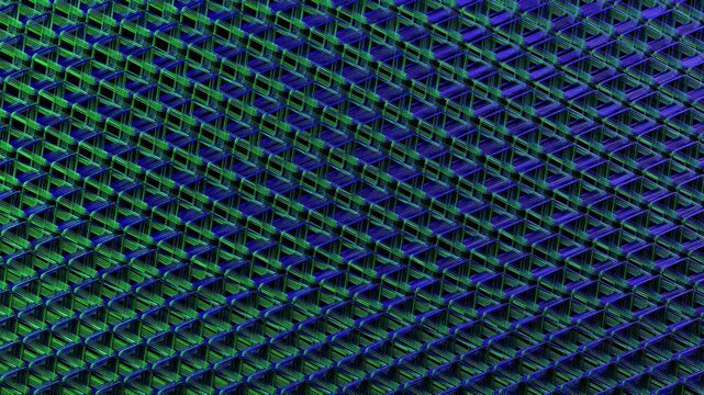 3D cubes with a metallic mesh texture, featuring a vibrant blue and green color scheme, rotates smoothly in a continuous loop.