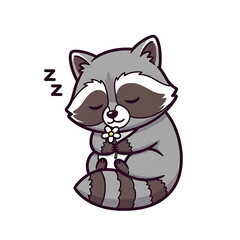 Cute sleeping raccoon holding a flower isolated on white background