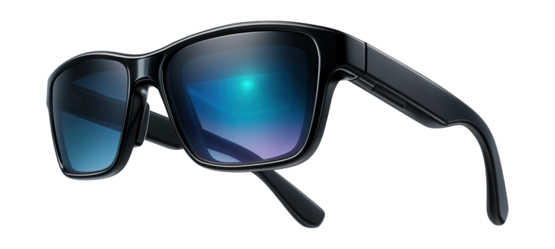 Advanced smart glasses featuring foldable arms and holographic display technology.